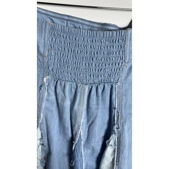 Pilcro Strapless Raw Seams Patchwork Denim Smocked Fit & Flare Mini Dress Small - Picture 8 of 13